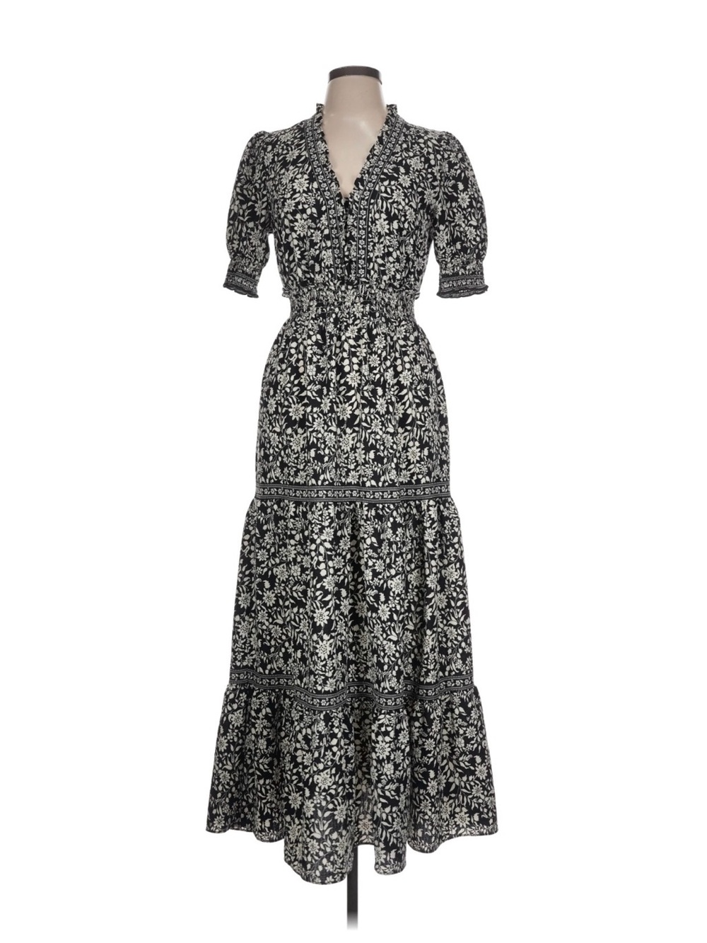 Max Studio Black and White Floral V-Neck Tiered Maxi Dress